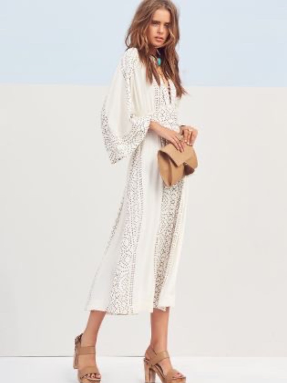 Free People Modern Kimono Pearl Combo Ivory Lace Up Tassel  Maxi Dress  Size 2 - Picture 2 of 15